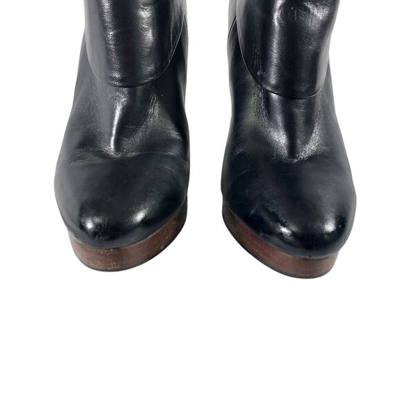 STEVE MADDEN! BLACK GENUINE LEATHER, BROWN STACKED WOOD HEEL/SOLE BOOTS! SZ 6.5M - Picture 5 of 12